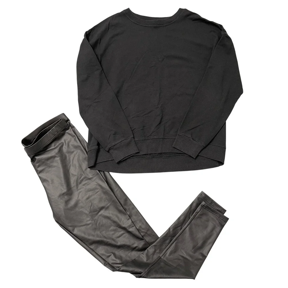 Me.n.u‎ Sweatshirt Leggings Set Girls XL 14 Black Faux Leather 2pc Outfit